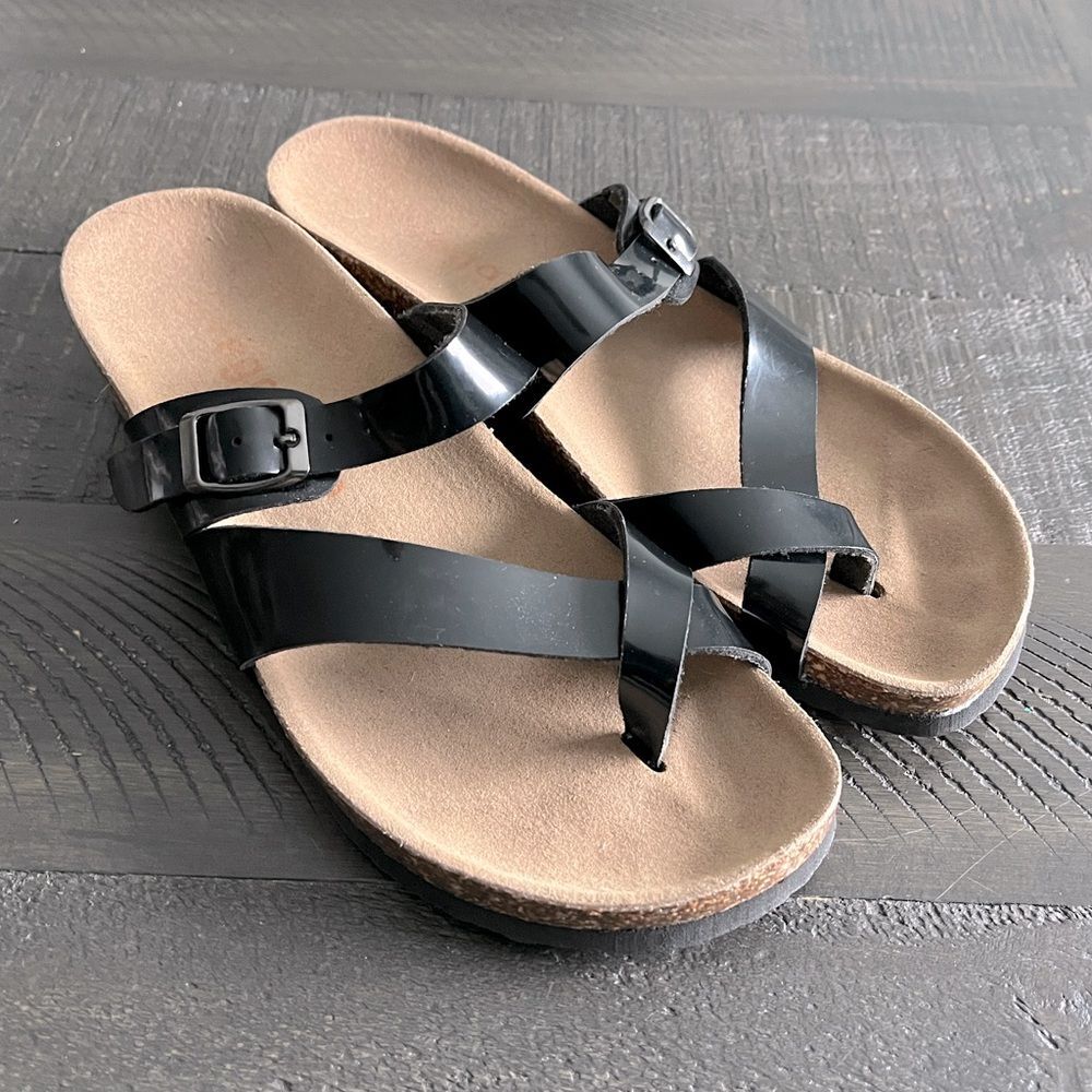 VeganBio Black Toe Loop Sandals Women 7.5 Comfort Cork Footbed Birkenstock Style